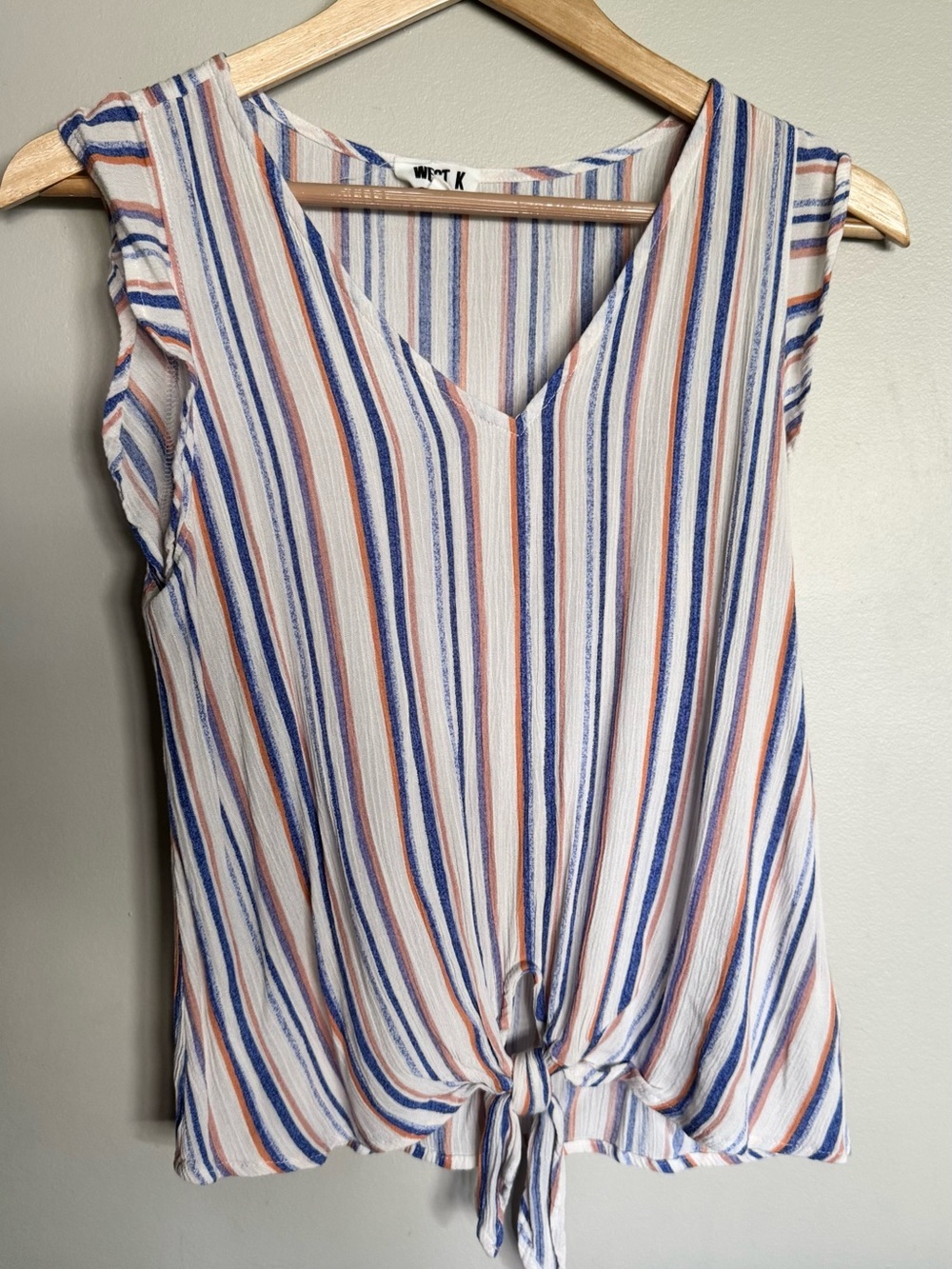 West K Striped Tie Front Tank Top Small V Neck Sleeveless Blue Orange White
